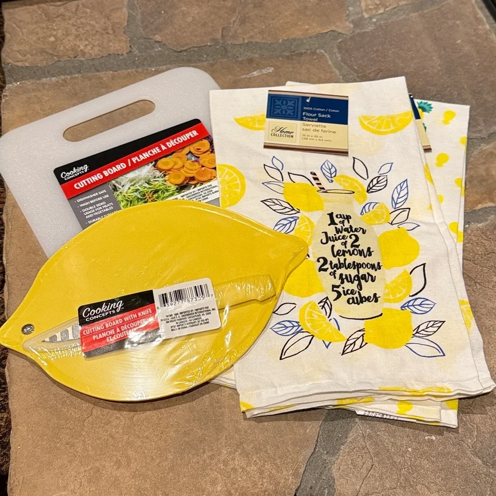 NWT Lemon Cutting Board with Knife, and Two Lemon Towel Bundle